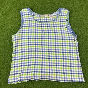 Vintage Lemon Grass Green Blue Plaid Gauze Cotton Tank Top Sz XL
